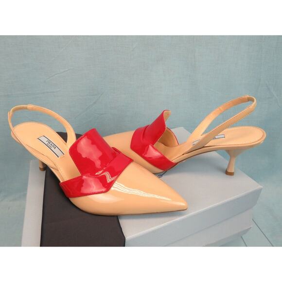 NIB PRADA 1I270L BEIGE RED PATENT LEATHER POINTED TOE SANDALS MULES PUMPS 39 IT - Picture 9 of 12